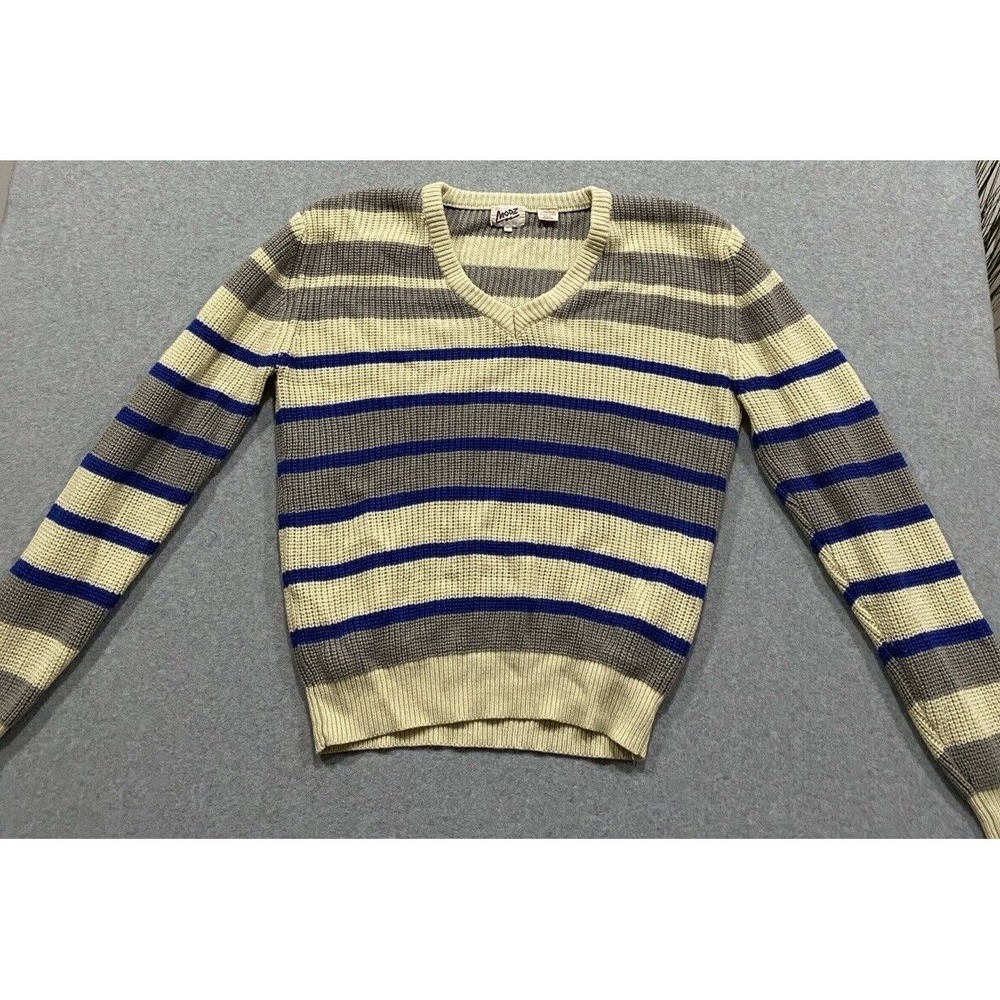 MODZ V-Neck Sweater Cream, Gray and Royal Blue Stripe Size Large Women's Vintage - Picture 2 of 11